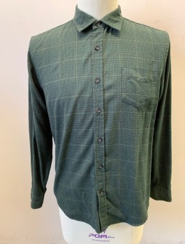 Mens, Casual Shirt, BLOOMINGDALES, Dk Green, Charcoal Gray, Brown, Cotton, Polyester, Houndstooth, Plaid - Tattersall, L, Flannel, Long Sleeves, Button Front, Collar Attached, 1 Patch Pocket, **Has TV Alts -Darts to Take in in Back, Slim Fit