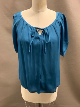 Womens, Top, NL, Teal Blue, Silk, B36, Scoop Neck Pleated At Neck, Neck Tie Attached, Key Hole, Button Front, S/S,