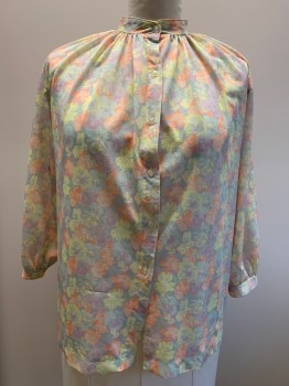 NO LABEL, Lt Blue, Lt Orange, Lt Yellow, Lilac Purple, Polyester, Floral, L/S, Button Front, Collar Band, Pleated