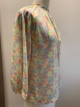 Womens, Blouse, NO LABEL, Lt Blue, Lt Orange, Lt Yellow, Lilac Purple, Polyester, Floral, B42, L/S, Button Front, Collar Band, Pleated