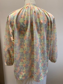 Womens, Blouse, NO LABEL, Lt Blue, Lt Orange, Lt Yellow, Lilac Purple, Polyester, Floral, B42, L/S, Button Front, Collar Band, Pleated