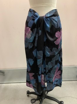 Womens, Skirt, Below Knee, PAIGE, Black, French Blue, Dusty Purple, Silk, Floral, S, Back Zipper, Slit At Left Front,