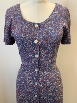 Ann Taylor, Blue, Red, Tan Brown, Rayon, Floral, S/S, Scoop Neck, Button Front, Back Cross Tie