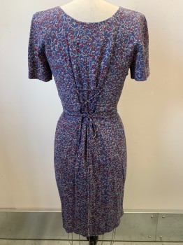 Ann Taylor, Blue, Red, Tan Brown, Rayon, Floral, S/S, Scoop Neck, Button Front, Back Cross Tie