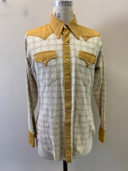 Mens, Western, ROCKMOUNT RANCH WEAR, Mustard Yellow, Cream, Cotton, Plaid-  Windowpane, S:34, N:16.5, L/S, Snap Button Front, C.A., Solid Mustard Accents, Bat Wing Chest Pockets