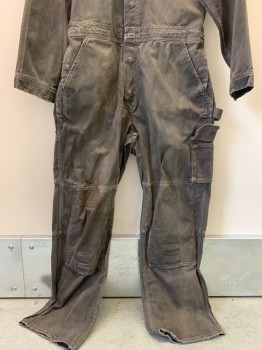 Mens, Coveralls/Jumpsuit, MASCOT, Dk Brown, Cotton, Solid, L, L/S, C.A., Button Front, Chest Pockets, Cargo Pockets, Side Scrunched Waist, Distressed and Stained