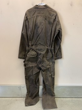 Mens, Coveralls/Jumpsuit, MASCOT, Dk Brown, Cotton, Solid, L, L/S, C.A., Button Front, Chest Pockets, Cargo Pockets, Side Scrunched Waist, Distressed and Stained