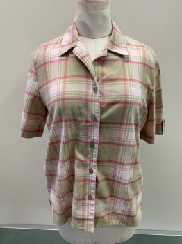 ALIA, Tan Brown, Lt Pink, Raspberry Pink, Poly/Cotton, Plaid, S/S, Button Front, Epaulets On Sleeves, Gray Pearl Buttons