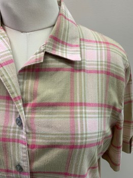 ALIA, Tan Brown, Lt Pink, Raspberry Pink, Poly/Cotton, Plaid, S/S, Button Front, Epaulets On Sleeves, Gray Pearl Buttons