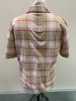 Womens, Top, ALIA, Tan Brown, Lt Pink, Raspberry Pink, Poly/Cotton, Plaid, B40, 8, S/S, Button Front, Epaulets On Sleeves, Gray Pearl Buttons