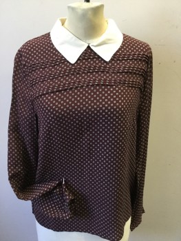 MAISON SCOTCH, Red Burgundy, Beige, Black, Silk, Circles, L/S, Contrasting Cream Collar, Pullover, Small Pleats Across Chest, 2 Buttons at Back Neck