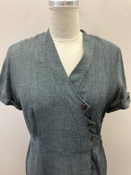 N/L , Heather Gray, Polyester, Solid, S/S, Cuffed,  Asymmetrical  Closing,  Pointed Trim, With Bronze Btns , Pin Tuck Pleats At CF, Side Zip