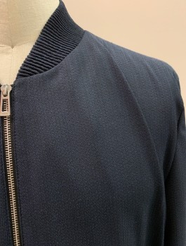 Mens, Casual Jacket, HUGO BOSS, Navy Blue, Wool, Polyester, Solid, 40R, Band Collar, Zip Front, 2 Pockets,