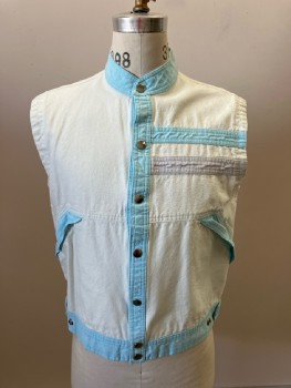 N/L, White Cotton Dock with Faded Turquoise Stand Collar/Snap Front Placket/Pocket Trim & Waistband, Turquoise And Lavender Applique Chest Band Left Front And Back, 2 Pckts, Snap Tab Adjustable & Elastic Back Waist **missing Bottom Snap