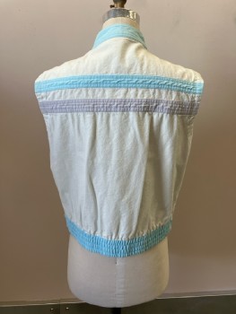 Mens, Vest, N/L, Ch40, White Cotton Dock with Faded Turquoise Stand Collar/Snap Front Placket/Pocket Trim & Waistband, Turquoise And Lavender Applique Chest Band Left Front And Back, 2 Pckts, Snap Tab Adjustable & Elastic Back Waist **missing Bottom Snap