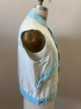 Mens, Vest, N/L, Ch40, White Cotton Dock with Faded Turquoise Stand Collar/Snap Front Placket/Pocket Trim & Waistband, Turquoise And Lavender Applique Chest Band Left Front And Back, 2 Pckts, Snap Tab Adjustable & Elastic Back Waist **missing Bottom Snap