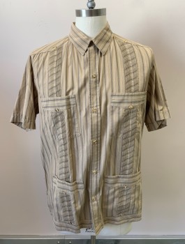 D'ACCORD, Ecru, Gray, Beige, Cotton, Stripes, Guayabera Shirt, S/S, 4 Pockets, Pleated Vertical Stripes, Tan Tortoise Shell Buttons