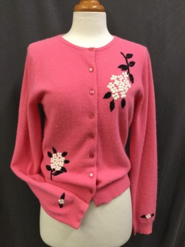 N/L, Pink, White, Black, Cashmere, Solid, Floral, Crew Neck, Long Sleeves, Button Front, Floral and Beaded Embroidery,