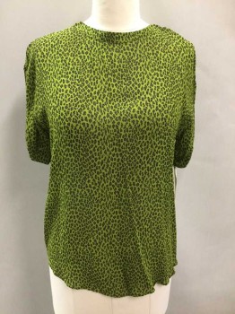 Annie Pinkerton, Lime Green, Black, Brown, Rayon, Animal Print, Crew Neck, Short Sleeve,  Button At Back Of Neck, Leopard Print, Petite