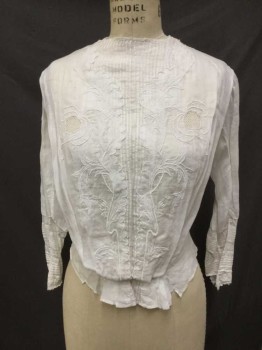 M.T.O, White, Cotton, Solid, Button Back, Pintuck Front with Floral/Strawberry Embroidery, Long Sleeves, Gathered Shoulder, Pintuck/Lace/Embroidered Cuff, Peplum,