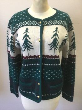 Womens, Sweater, CLASSIC ELEMENTS, Forest Green, Cream, Red Burgundy, Acrylic, Novelty Pattern, Geometric, S, CARDIGAN, Forest Green Pine Trees, Assorted Cream and Burgundy Geometric Pattern on Forest Green Background, Knit, 6 Gold Waffle Texture Buttons, Round Neck, 2 Welt Pockets