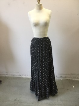 N/L, Black, White, Cotton, Floral, Long Black Cotton Skirt with White Floral Print. Rushed at Hemline. Slit Opening at Back with Hook & Eye at Center Back Waist,