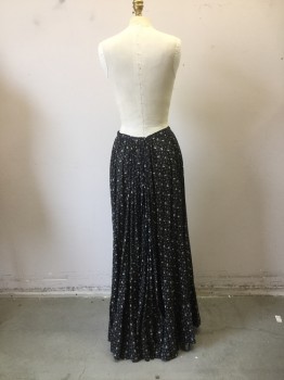 N/L, Black, White, Cotton, Floral, Long Black Cotton Skirt with White Floral Print. Rushed at Hemline. Slit Opening at Back with Hook & Eye at Center Back Waist,