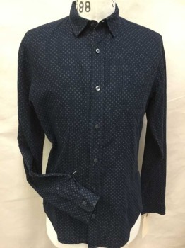 VINCE, Navy Blue, Beige, Cotton, Geometric, Navy W/small Tiny Dots Circles Print, Collar Attached, Button Front, 1 Pocket, Long Sleeves, See Photo Attached,