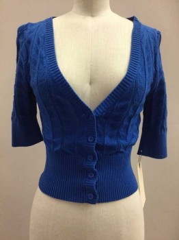 FOREVER 21, Royal Blue, Cotton, Royal Blue, Open Work Detail, Ribbed Trim, Button Front, 3/4 Sleeve, Cropped