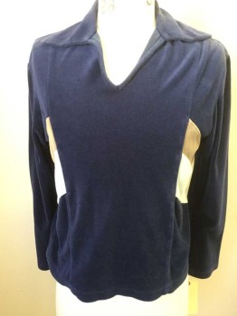N/L, Navy Blue, Tan Brown, Cream, Polyester, Color Blocking, V-neck, Collar Attached, Long Sleeves, Velour