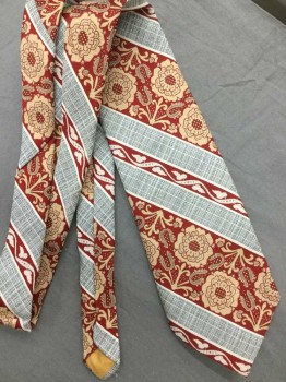 GOLDEN CLASP BY P.C., Paprika Red, Tan Brown, White, Teal Blue, Polyester, Floral, Stripes - Diagonal , Tie Clip Attached to Label