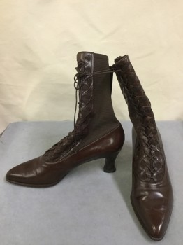 Womens, Boots 1890s-1910s, N/L, Brown, Leather, Elastane, Solid, 9.5, High Ankle, Elasticized with Faux Lacing/Ties, Point Toe, Modified Louis Heel