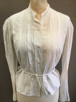 KING, White, Cotton, Solid, L/S, B.F., Band Collar, Vertical Pleats At Front Of Varying Widths, Twill Ties  At Center Back Waist, Puffy Sleeves Gathered At Shoulders, Button Cuffs,