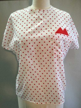 Womens, T-Shirt, NO LABEL, White, Red, Polyester, Polka Dots, XL, Crew Neck, Short Sleeve,  Pocket with Red Faux Pocket Square, White with Red Polka Dots