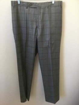 Mens, Suit, Pants, TASSO ELBA , Gray, Brown, Wool, Plaid-  Windowpane, Ins:29, W:34, Gray with Brown Windowpane Stripes, Flat Front, Zip Fly, Button Tab Waist, 5 Pockets, Straight Leg