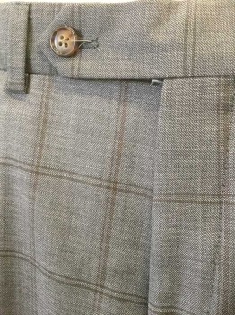 Mens, Suit, Pants, TASSO ELBA , Gray, Brown, Wool, Plaid-  Windowpane, Ins:29, W:34, Gray with Brown Windowpane Stripes, Flat Front, Zip Fly, Button Tab Waist, 5 Pockets, Straight Leg