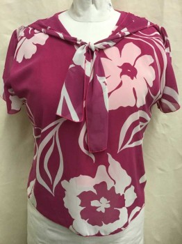 N/L, Fuchsia Pink, White, Polyester, Oversized White Floral Pattern Chiffon, Sheer Cap Sleeves, Self Tie Chiffon Detail At Round Neck,  Pullover,