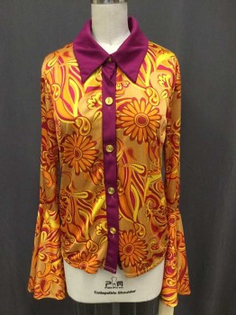 Womens, Blouse, CALIFORNIA COSTUMES, Tan Brown, Fuchsia Pink, Orange, Yellow, Polyester, Floral, Paisley/Swirls, S, Fuchsia Collar Attached & Front Center Trim, Gold Button Front, Long Sleeves with Bias-cut Flair Ruffle Cuffs