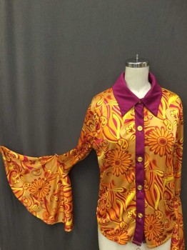Womens, Blouse, CALIFORNIA COSTUMES, Tan Brown, Fuchsia Pink, Orange, Yellow, Polyester, Floral, Paisley/Swirls, S, Fuchsia Collar Attached & Front Center Trim, Gold Button Front, Long Sleeves with Bias-cut Flair Ruffle Cuffs