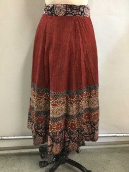 N/L, Brick Red, Brown, Tan Brown, Black, Gray, Cotton, Color Blocking, Floral, Brick W/Black Dotted Clusters, Waistband Is Floral Pattern, Self Ties At Waist, A Line, Hem Below Knee,   *Some Dirt/Stains,