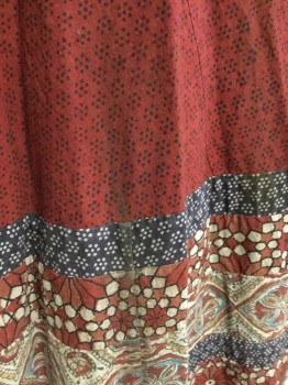 N/L, Brick Red, Brown, Tan Brown, Black, Gray, Cotton, Color Blocking, Floral, Brick W/Black Dotted Clusters, Waistband Is Floral Pattern, Self Ties At Waist, A Line, Hem Below Knee,   *Some Dirt/Stains,