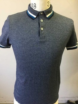 TED BAKER, Navy Blue, White, Teal Blue, Cotton, Speckled, POLO: NAVY & WHITE STICHED W. WHITE, TEAL  & NAVY STRIPES on COLLAR & SLEEVES