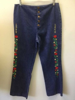 Womens, Pants, N/L, Blue, Cotton, Heathered, 30, Heather Blue Denim, Flat Front, 5 Red W/gold Trim Button Front, Red/green,yellow, Cream  Embroidery Flower and "LOVE" on Both Legs