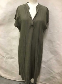Womens, Dress, Short Sleeve, TYSA, Olive Green, Rayon, Solid, S, Olive, Split Round Neck W/trim, Cut-off Short Sleeves, Loose Fit