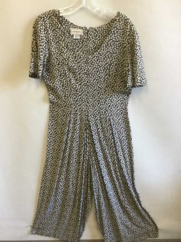 Womens, Jumpsuit, S.ROBERTS, Black, Cream, Rayon, Floral, W:29, B:36, 5/6, Tiny Flowers, Short Sleeve,  Scoop Neck, 2 Self Covered Decorative Buttons at Center Front, Pleated Waist, Self Belt Ties Attached at Waist, Center Back Zipper, Early 1990's