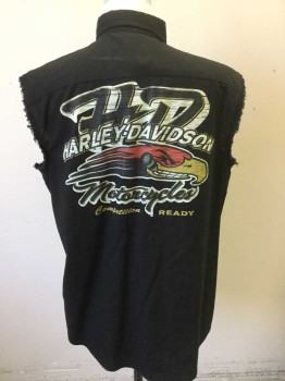 Mens, Casual Shirt, HARLEY DAVIDSON, Black, Multi-color, Linen, Cotton, Logo , Text, L, Cutoff Black Button Front Shirt, Collar Attached, Gold/Mustard/Red "Genuine" "Harley Davidson" Etc Logo at Front Chest, Large Harley Davidson Logo at Center Back, Double,
