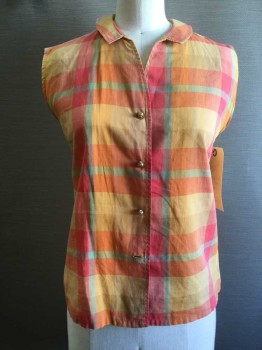 N/L, Orange, Red, Sage Green, Cotton, Plaid, Button Front, Sleeveless, Tiny Collar, Round Rose Shaped Gold Buttons