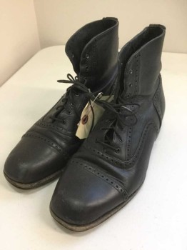 N/L, Black, Leather, Solid, Cap Toe, Ankle High Lacing/Ties,