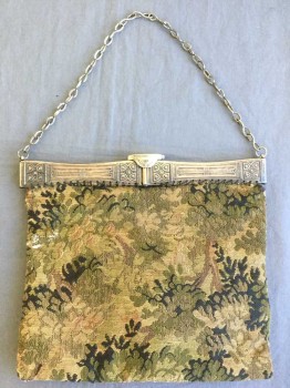 Womens, Purse, N/L, Tan Brown, Olive Green, Black, Pink, Silver, Wool, Silk, Floral, 8", 9.5", Vintage Reproduction Hardware, Flat Tapestry Bag, Metal Chain