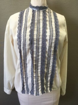 N/L MTO, Bone White, Slate Gray, Polyester, Solid, Bone White Poly Crepe, Long Sleeves, Buttons in Back, Vertical Stripes of Slate Gray Scallopped Lace and Lacework Panels at Front, Round Neck with Lace Trim, Button Cuffs, Made To Order